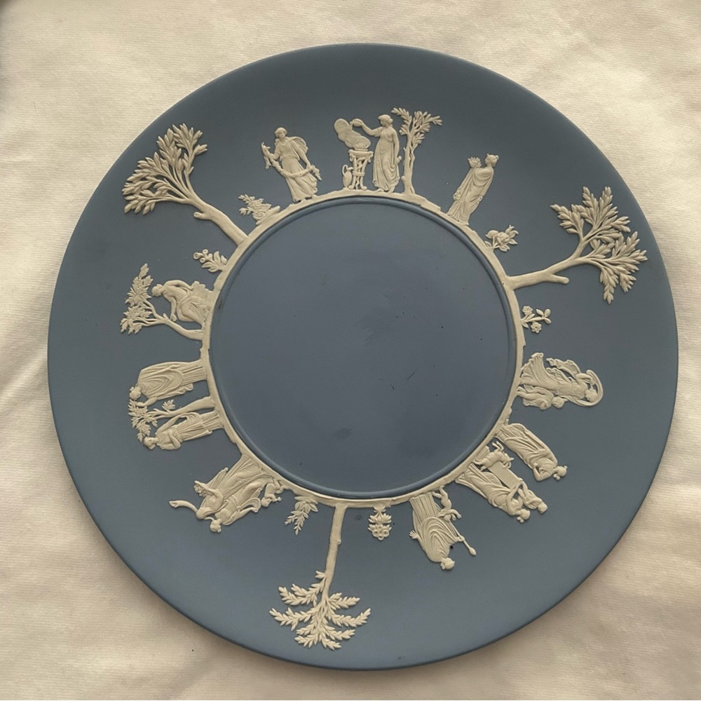 Vintage Wedgwood Jasperware blue white etched plate.  9 1/2” diameter.